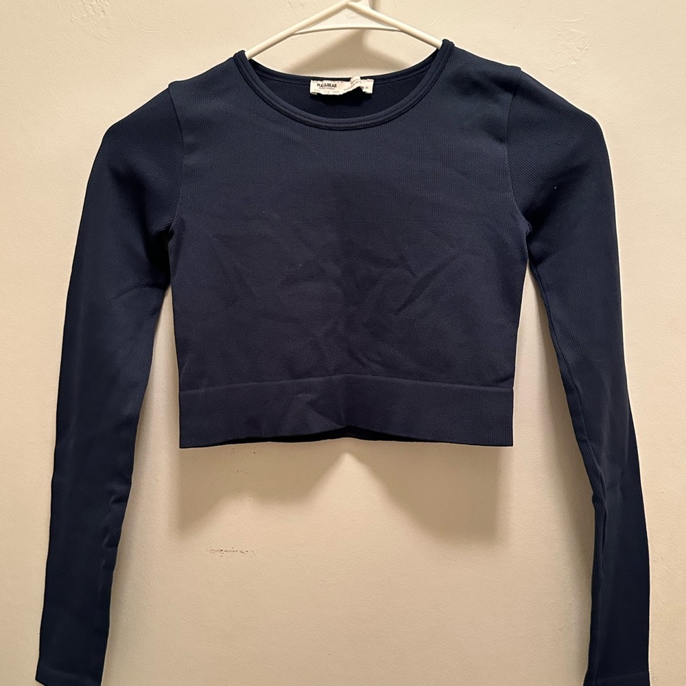 Pull&Bear Navy Long Sleeve Crop Top